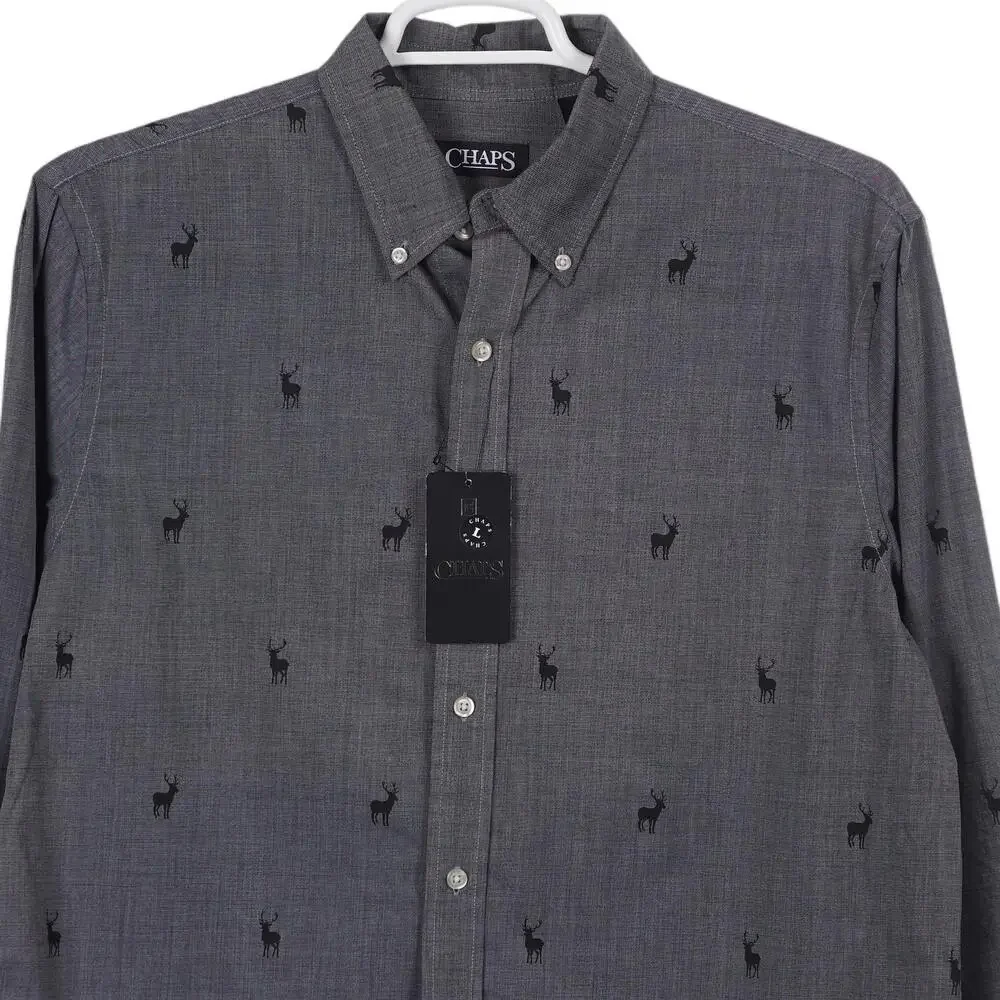 NWT Chaps Button-Up Shirt Men L Gray Deer Elk Print Long Sleeve Cotton Blend - Picture 2 of 8